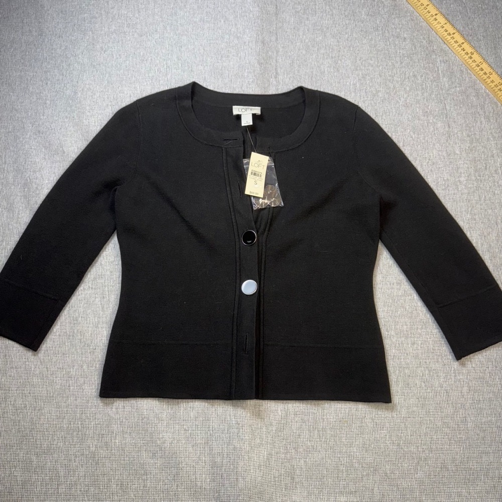 Ann Taylor LOFT Black Cotton Button Front Cardigan Sweater 3/4 Sleeve Size S NWT